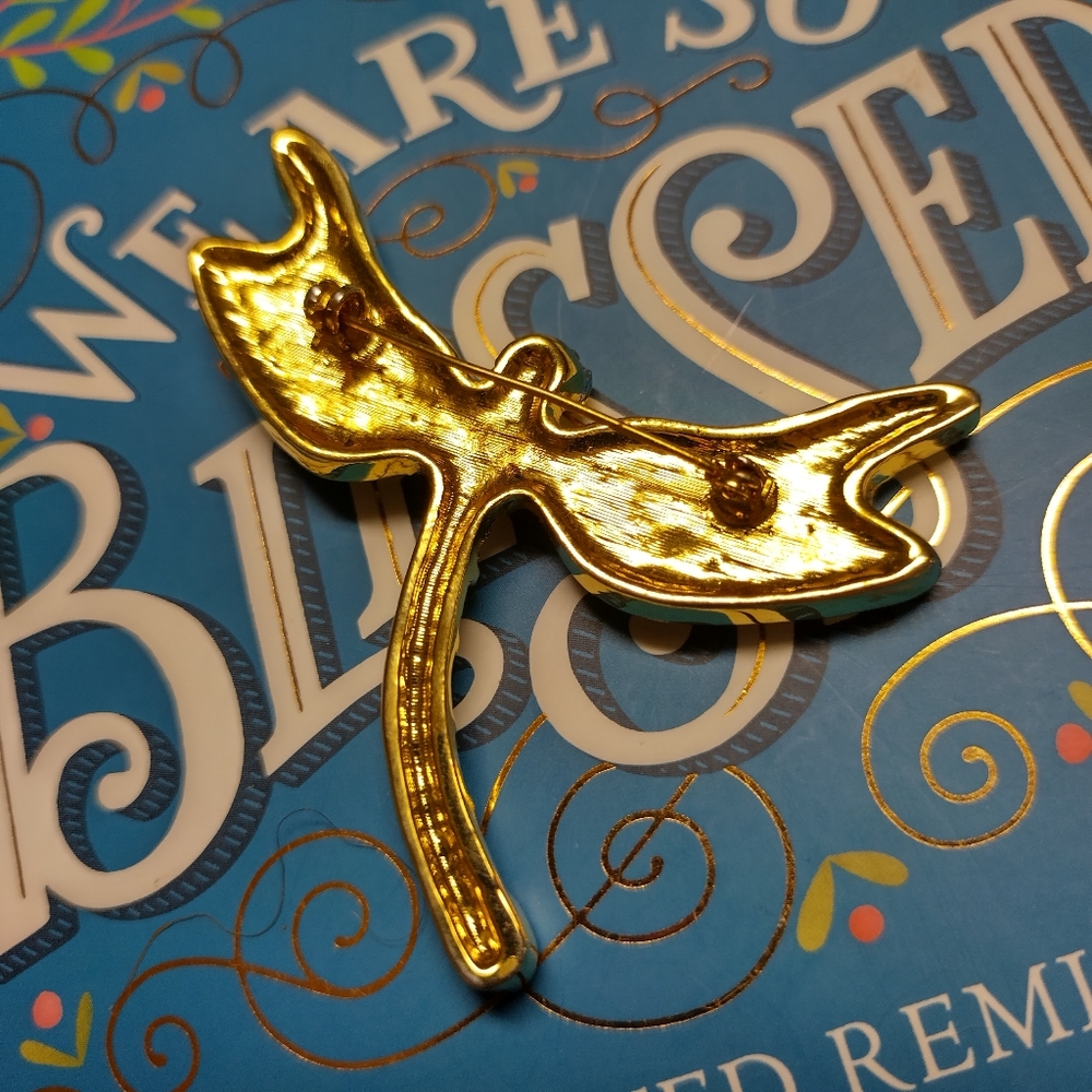 Gold Dragonfly Brooch Pin with Pink, Blue, Green, Red and Clear Rhinestones - Picture 2 of 8